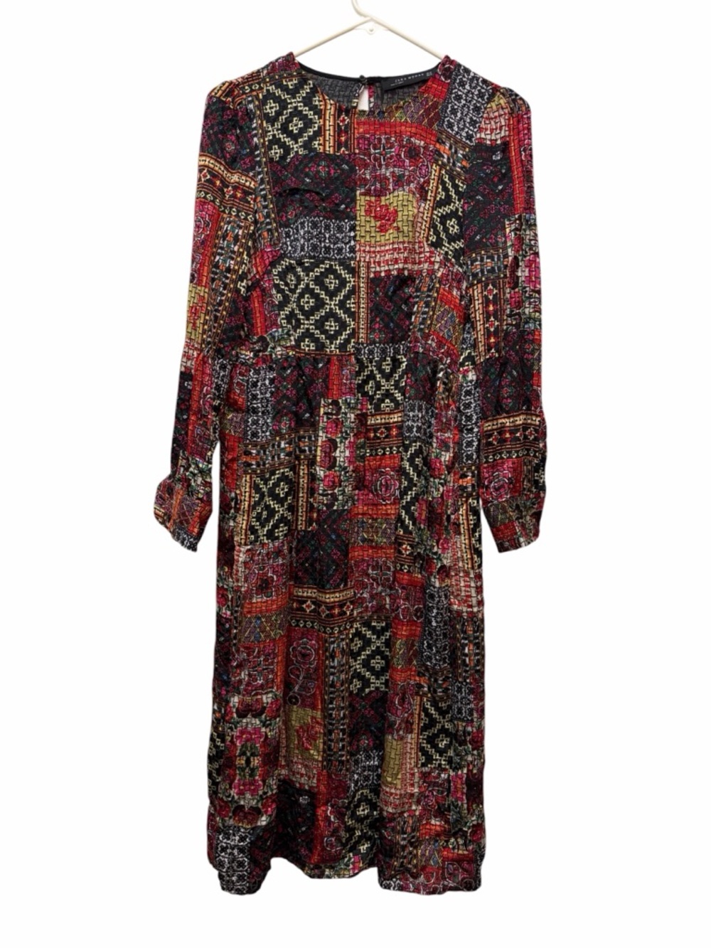 Zara Patchwork Boho Midi Dress Long Sleeve Festival Fall Velvet Look
